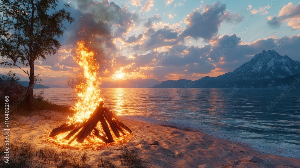 Fototapeta premium A bonfire on the beach next to the sea