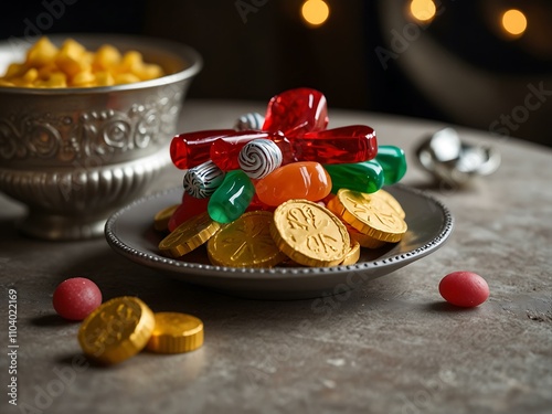 A festive table with gelt and candy for the holidays.