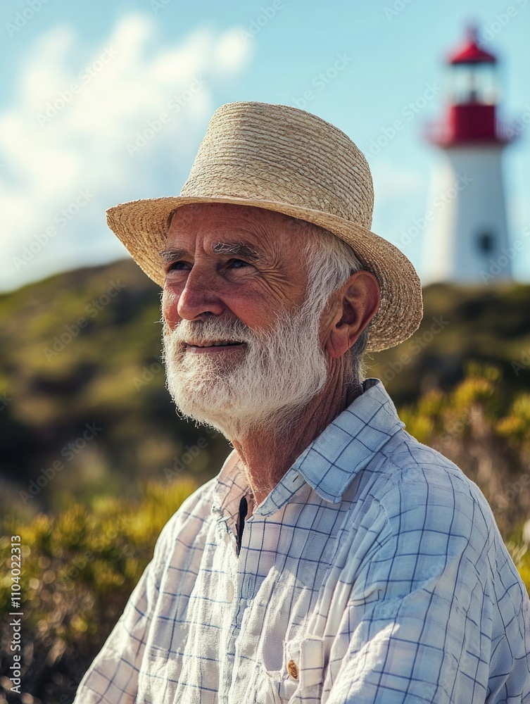 Fototapeta premium Seaside Wisdom - Elder Man by Historic Lighthouse