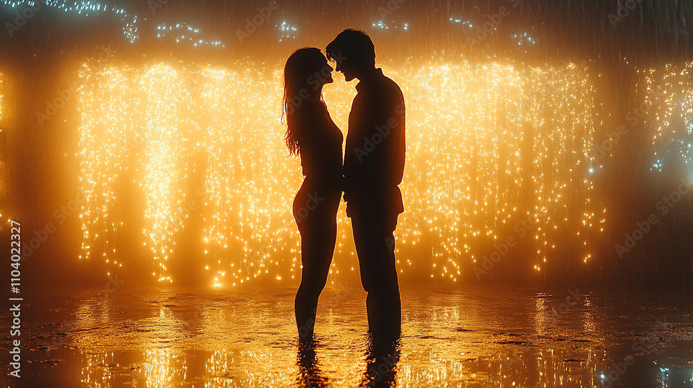 Romantic couple sharing a kiss in a shimmering backdrop at night near water. Generative AI