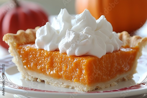 A slice of pumpkin pie topped with whipped cream, served on a decorative plate.
