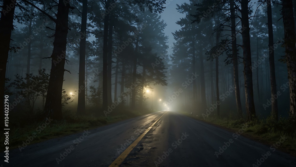 A foggy forest road illuminated by distant car headlights. A foggy forest road illuminated by distant car headlights.