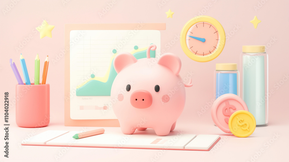 3D piggy bank with a rising savings chart on a pink background with coin and stationary 3D piggy bank with a rising savings chart on a pink background with coin and stationary
