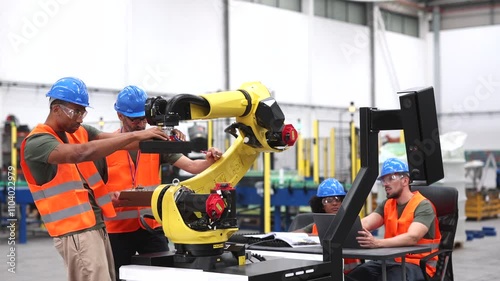 Wallpaper Mural Multiracial team of engineers working together, maintaining a robotic arm in a modern industrial factory, showcasing teamwork and advanced technology Torontodigital.ca