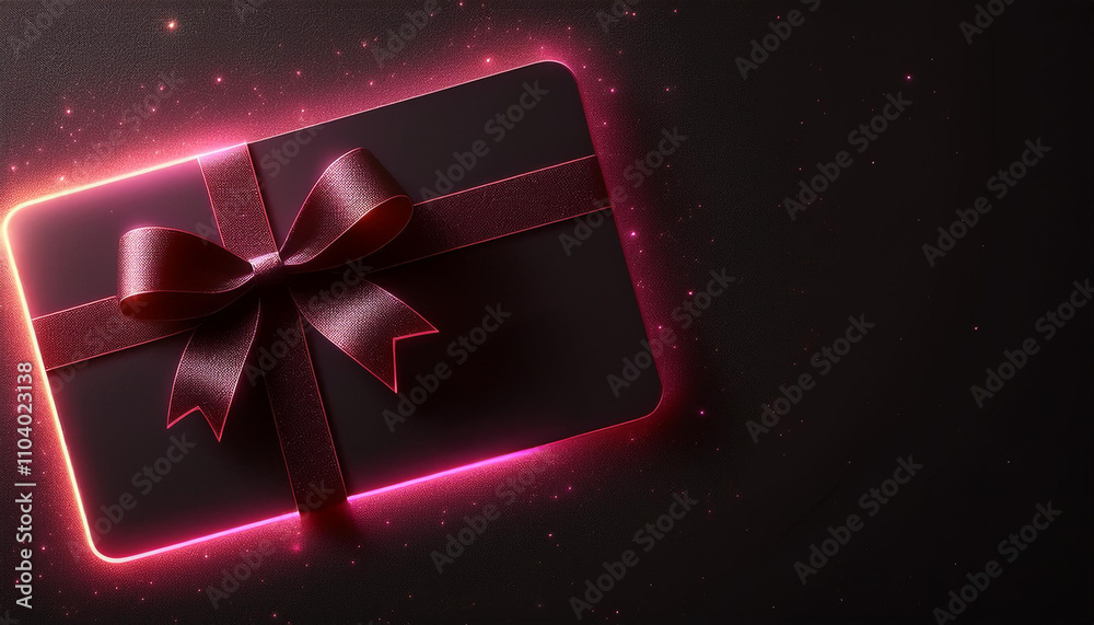 Obraz premium A black gift card decorated with a red bow, set against a dark background illuminated by soft neon lights