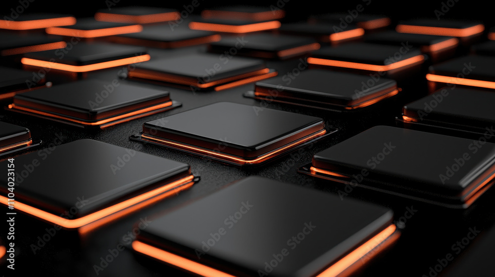 Futuristic glowing black tiles with orange edges in grid pattern Futuristic glowing black tiles with orange edges in grid pattern