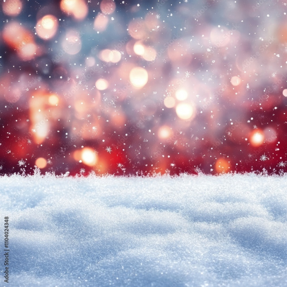 A serene winter scene captures a snowy landscape adorned with shimmering bokeh lights, creating a magical atmosphere perfect for the holiday spirit.