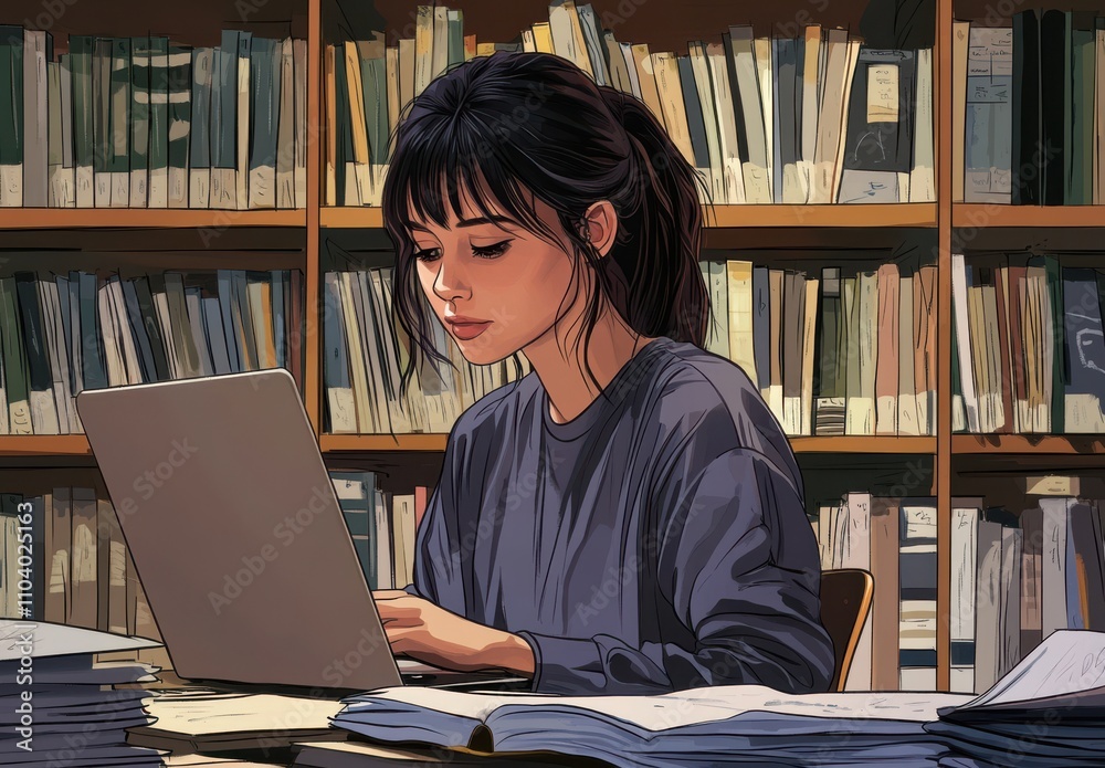 Young woman studying in a library, focused on her laptop with shelves of books in the background, showcasing a serene and intellectual atmosphere for academic pursuits
