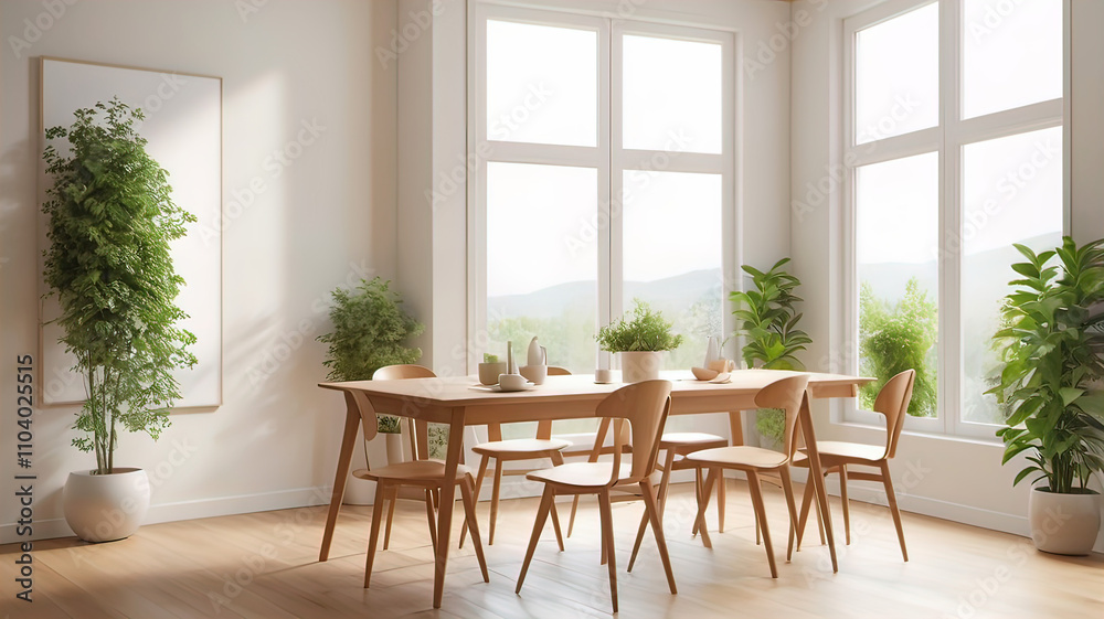 Fototapeta premium View of light wall with empty white frame in dining room interior in house, green plant and nature view from large window. 3D rendering