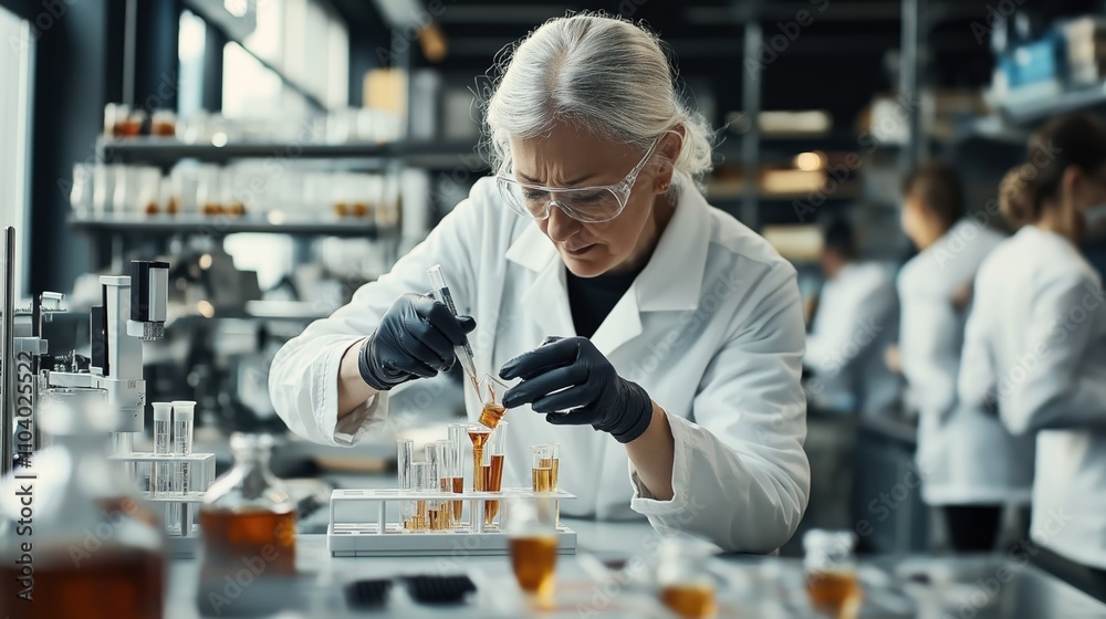 Senior female scientist conducting experiments in a laboratory setting, wearing safety goggles and gloves, using a pipette to handle liquid samples in test tubes Senior female scientist conducting experiments in a laboratory setting, wearing safety goggles and gloves, using a pipette to handle liquid samples in test tubes