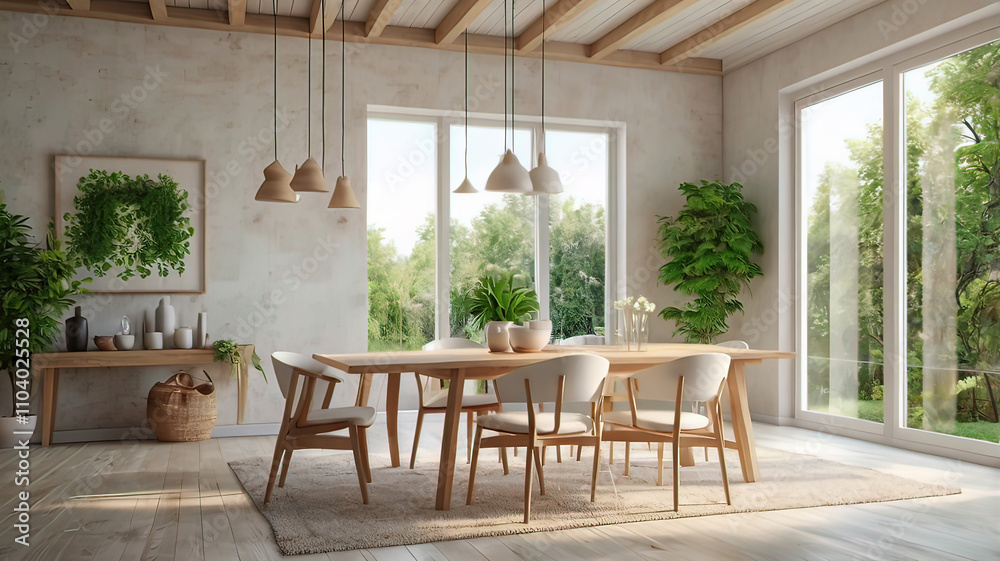 Fototapeta premium View of light wall with empty white frame in dining room interior in house, green plant and nature view from large window. 3D rendering