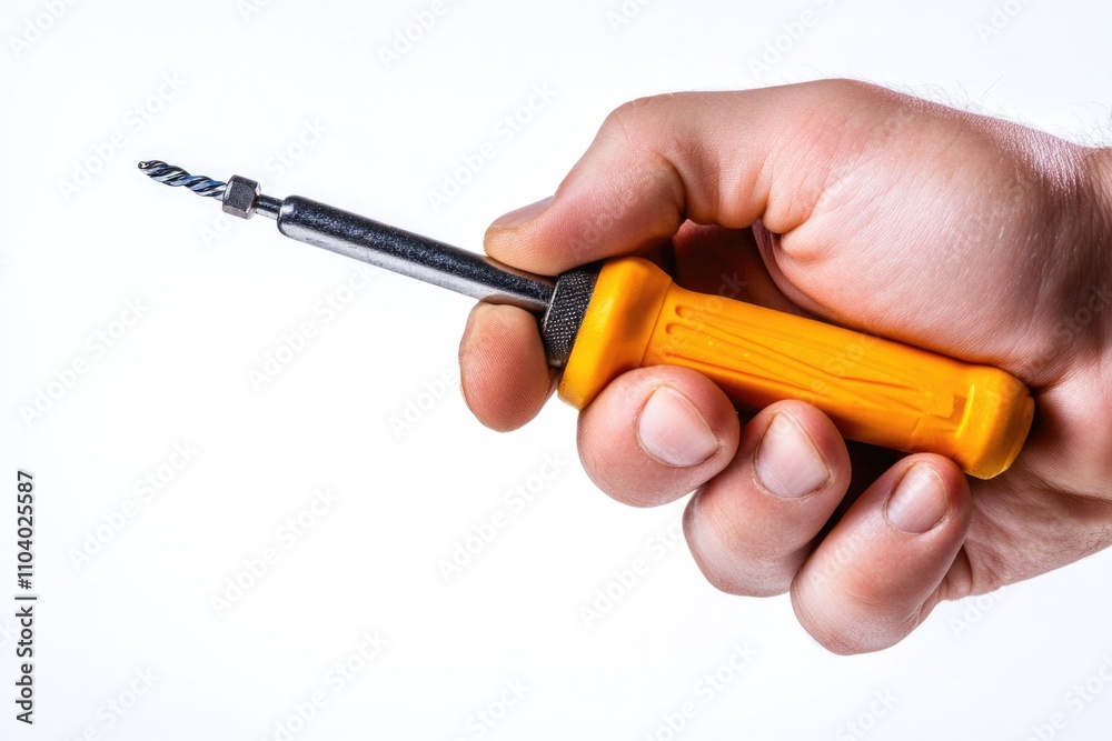 A person holds a yellow and black screwdriver, suitable for DIY or repair illustrations A person holds a yellow and black screwdriver, suitable for DIY or repair illustrations