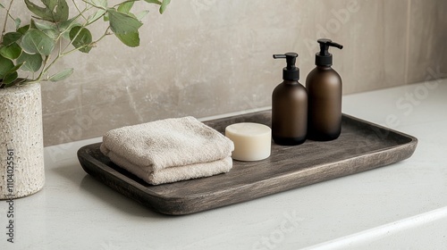  wooden tray on a white countertop. On the tray, there are two brown bottles with black pump dispensers. Next to the bottles, there is a white candle and a stack of folded white towels. photo