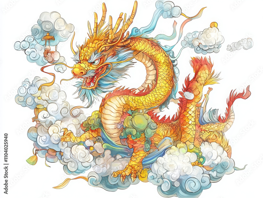 vibrant dragon illustration surrounded by colorful clouds and swirls vibrant dragon illustration surrounded by colorful clouds and swirls