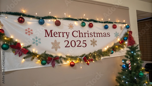 Merry Christmas 2025 Banner with Festive Decorations Isolated on White Background