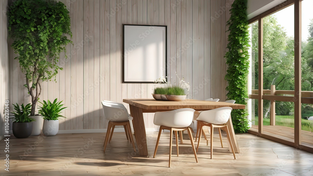 Fototapeta premium View of light wall with empty white frame in dining room interior in house, green plant and nature view from large window. 3D rendering