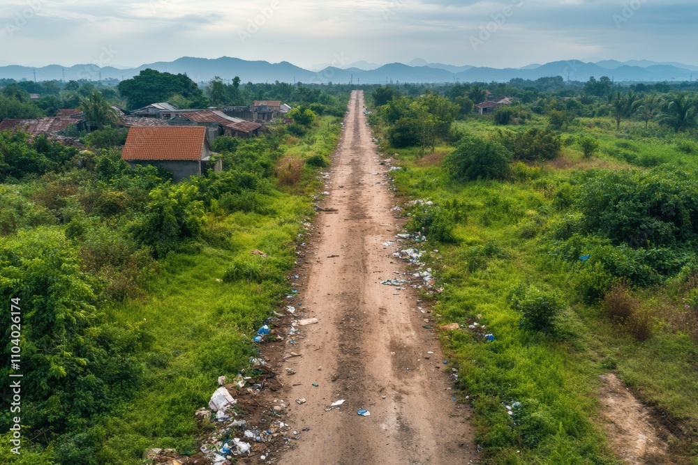 A dirt road lined with overgrown vegetation and scattered trash leads into the distance, with abandoned houses visible on one side and mountains in the background A dirt road lined with overgrown vegetation and scattered trash leads into the distance, with abandoned houses visible on one side and mountains in the background