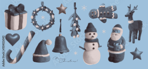 Cute naive Christmas set with snowman, gingerbread, gift box, and Santa. Design with retro aesthetic, halftone collage photocopy effects. Vector illustration.