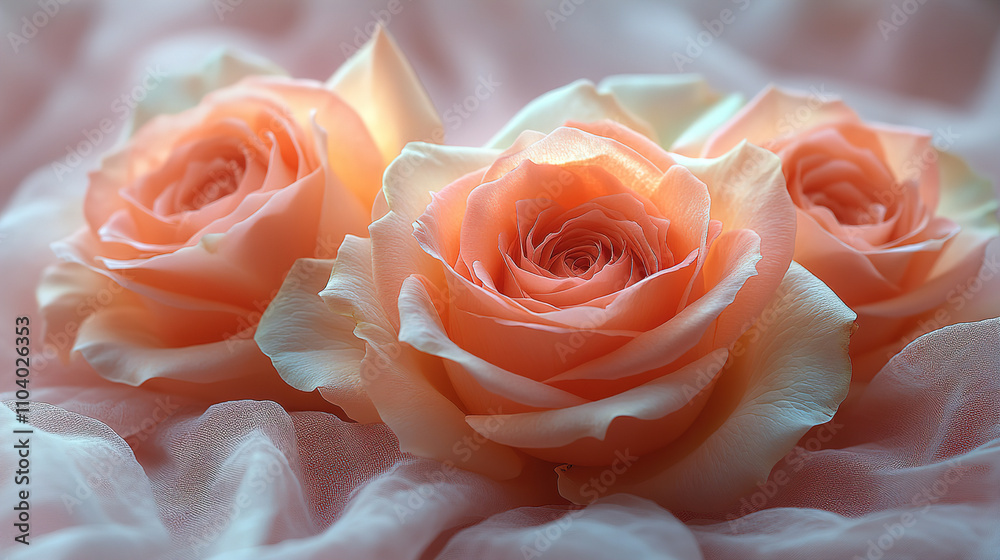 Beautiful peach roses arranged elegantly on a delicate fabric background for a serene aesthetic touch. Generative AI Beautiful peach roses arranged elegantly on a delicate fabric background for a serene aesthetic touch. Generative AI
