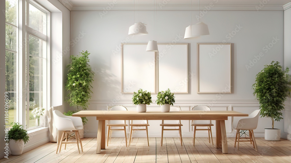 Fototapeta premium View of light wall with empty white frame in dining room interior in house, green plant and nature view from large window. 3D rendering