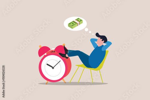 Businessman relax on the time running clock dreaming about money. concept of wasting time, slow living, and low productivity or efficiency