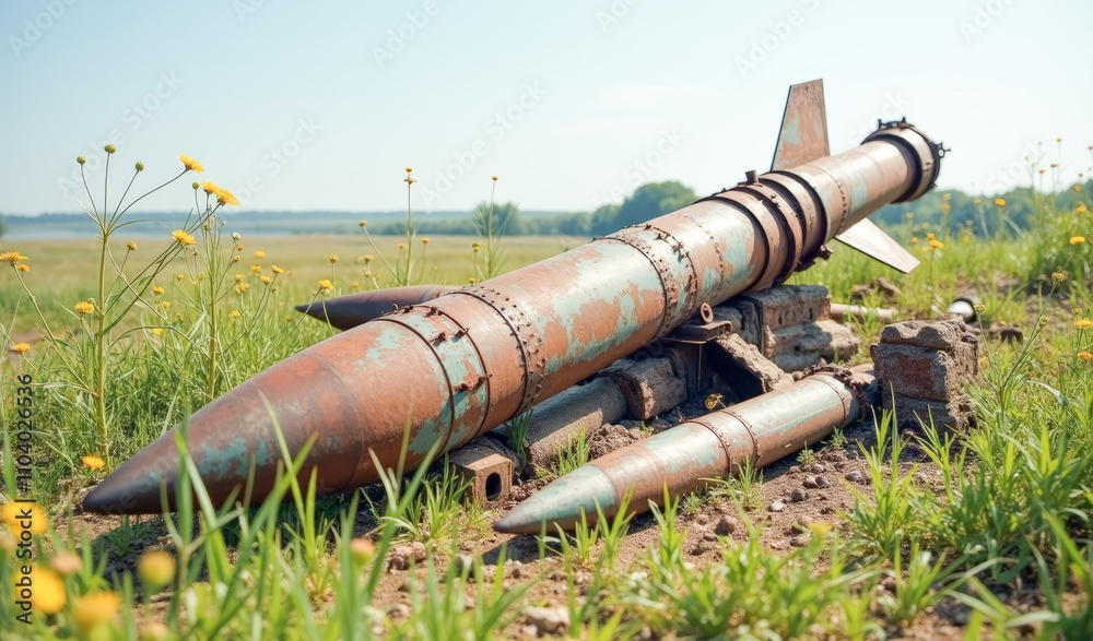 A dump of rusty military missiles in a green field A dump of rusty military missiles in a green field