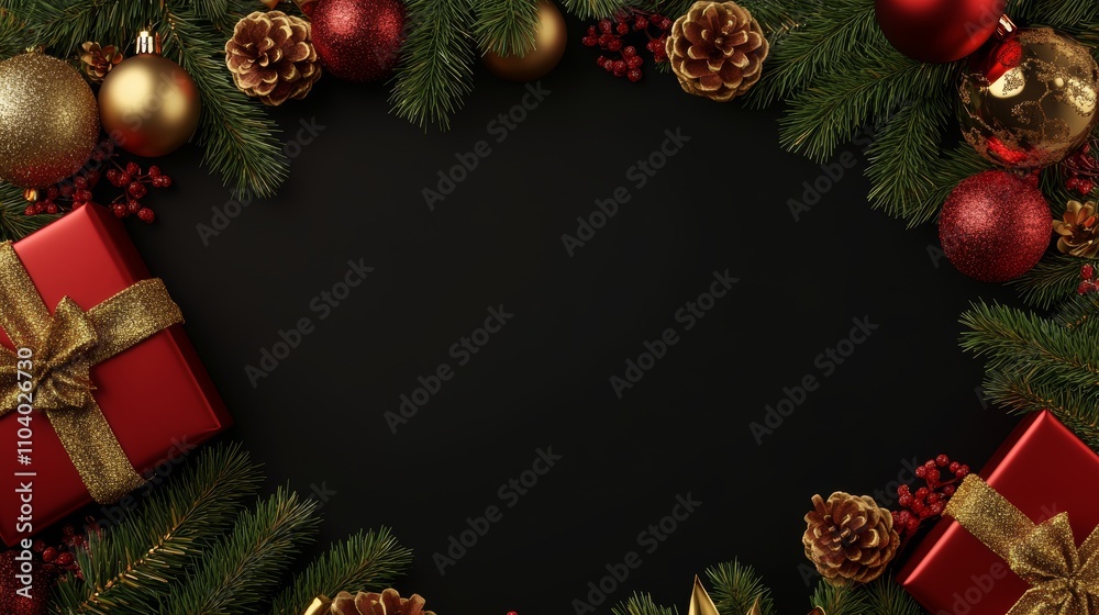 A festive Christmas wreath adorned with shimmering red and gold ornaments, surrounded by beautifully wrapped presents, radiates holiday cheer and warmth. A festive Christmas wreath adorned with shimmering red and gold ornaments, surrounded by beautifully wrapped presents, radiates holiday cheer and warmth.