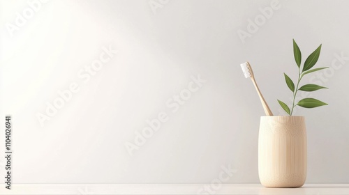  white vase with a toothbrush in it. The vase is made of a light-colored material and has a smooth texture. The toothbrush has a wooden handle and a white bristled head.