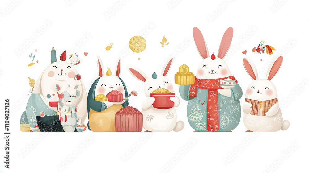 Obraz premium Whimsical cartoon style illustration of happy rabbits celebrating joyfully