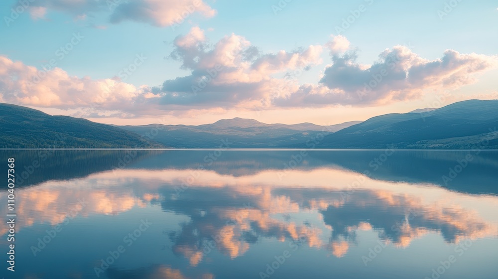 Fototapeta premium A serene landscape featuring a calm lake reflecting mountains and clouds under a pastel sky.