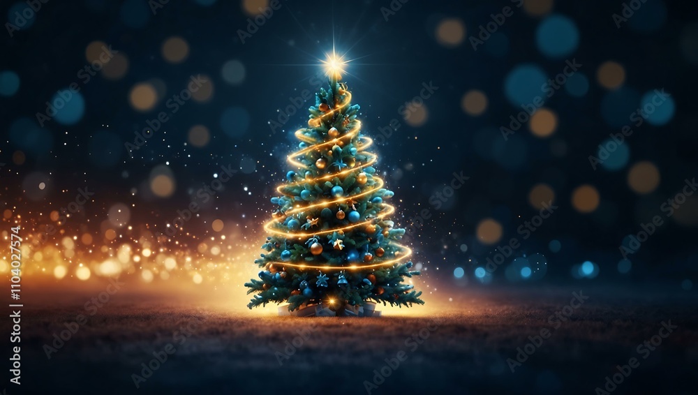 A glowing Christmas tree with star and light trails on a blue bokeh background. A glowing Christmas tree with star and light trails on a blue bokeh background.