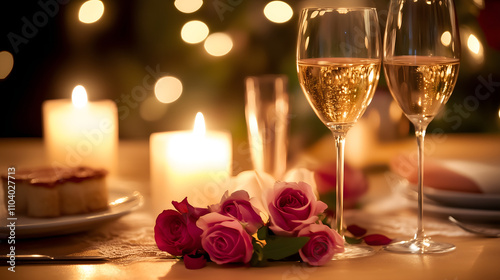 romantic scene with burninig candles, roses and dinner / supper setting with 2 wine glass; concept of romantic celebration valentine's day, women's day, birthday to make beloved ones happy; copy space