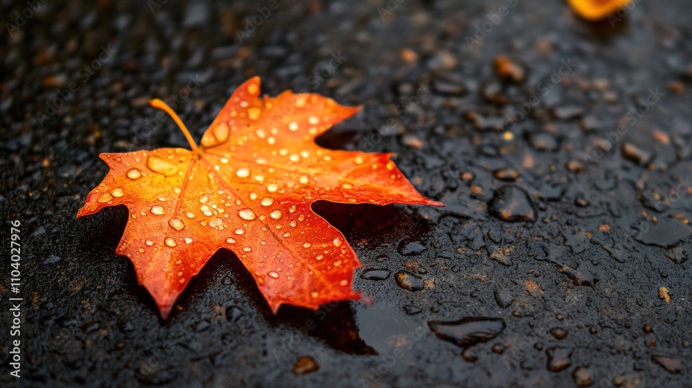 Vibrant orange maple leaf with raindrops on wet pavement, capturing the essence of autumn and nature's beauty in vivid detail. Vibrant orange maple leaf with raindrops on wet pavement, capturing the essence of autumn and nature's beauty in vivid detail.