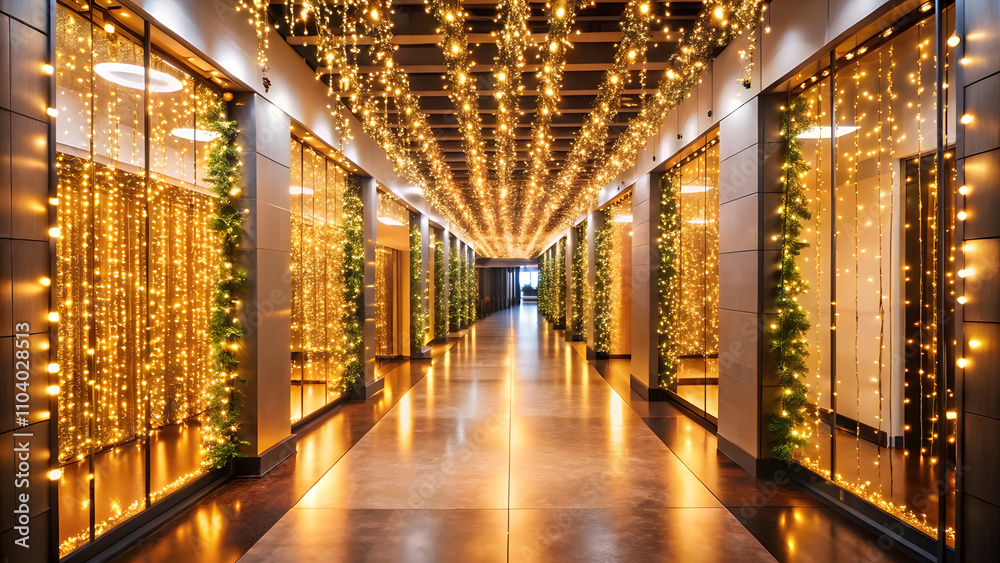 Elegant Office Hallway with Golden Christmas Lights and Warm Ambiance. Perfect for: Christmas, Corporate Events, Winter Parties Elegant Office Hallway with Golden Christmas Lights and Warm Ambiance. Perfect for: Christmas, Corporate Events, Winter Parties