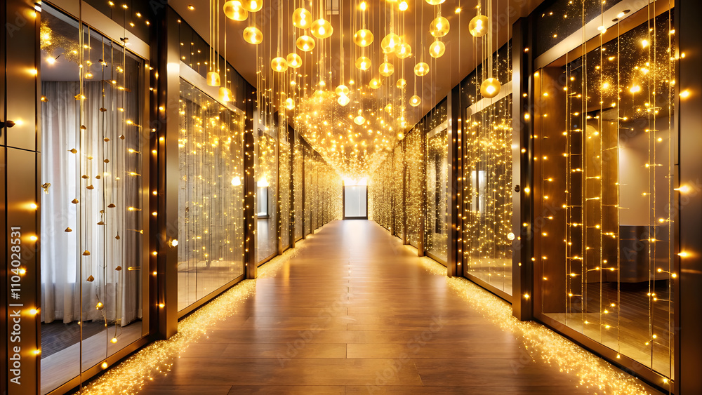 Fototapeta premium Elegant Office Hallway with Golden Christmas Lights and Warm Ambiance. Perfect for: Christmas, Corporate Events, Winter Parties