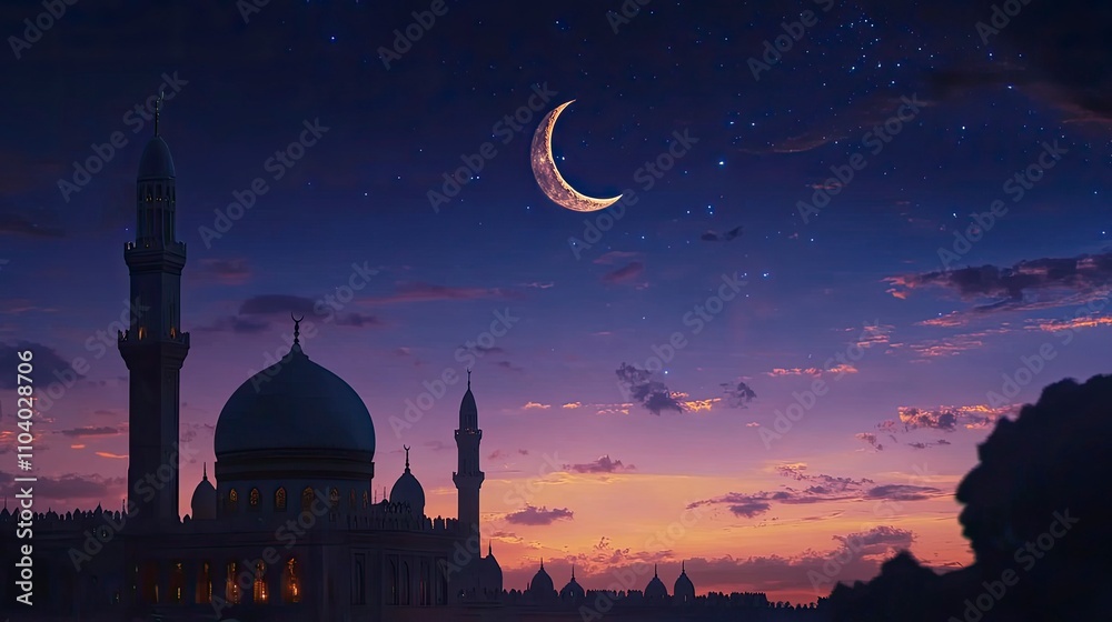 Ramadan card with Mosques dome,Crescent moon on blue sky background,Vertical banner Ramadan Night with twilight dusk sky for Islamic religion,Eid al Adha,Eid Mubarak,Eid al fitr,Ramadan Kareem Ramadan card with Mosques dome,Crescent moon on blue sky background,Vertical banner Ramadan Night with twilight dusk sky for Islamic religion,Eid al Adha,Eid Mubarak,Eid al fitr,Ramadan Kareem