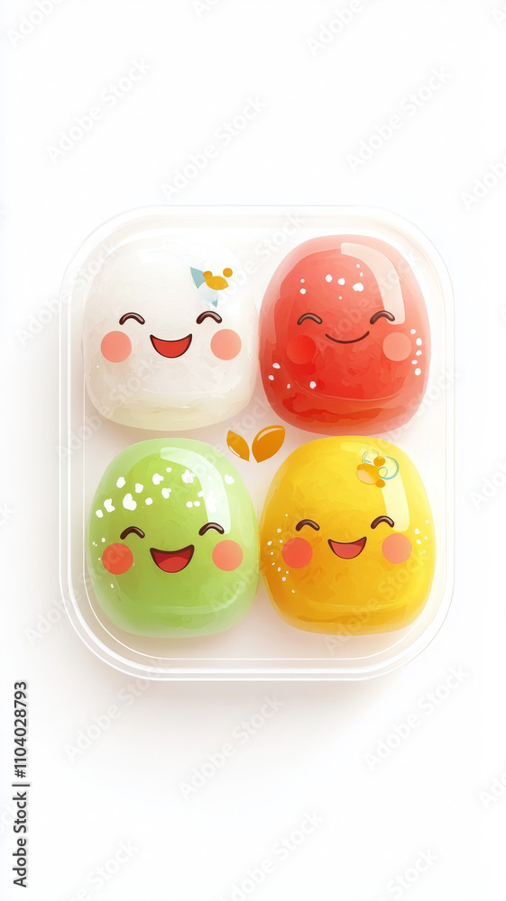 Cute colorful jelly desserts with smiling faces in clear container