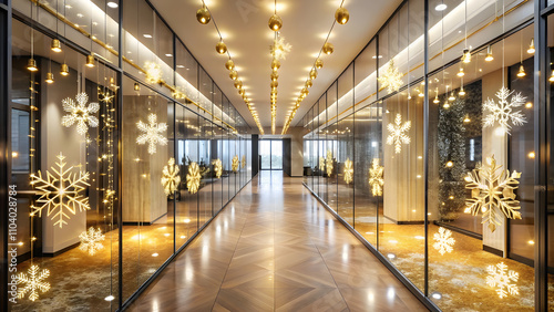 Elegant Office Hallway with Golden Fairy Lights and Snowflake Decals. Perfect for: Christmas, Seasonal Gatherings, Holiday Celebrations