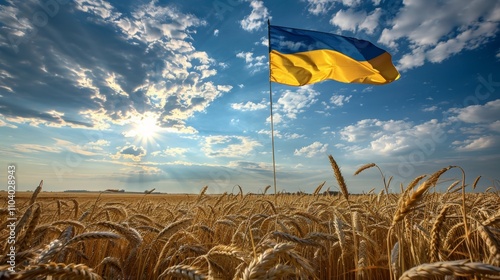 Vibrant ukrainian flag waving in a clear blue sky over a field of golden ripe wheat stalks photo