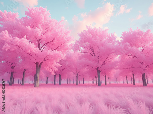 surreal pink trees with vibrant rainbow colors stretching across a soft pastel pink landscape,  magical world,  gentle texture,  soft focus,  surrealistic art,  fantastical elements photo