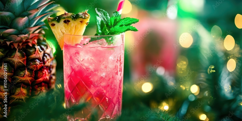 A neon pink and green tropical Christmas cocktail with glowing pineapple and mint garnish,