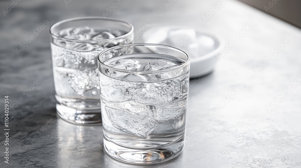 Two glasses of water with ice cubes on a table, accompanied by a small bowl of ice. Two glasses of water with ice cubes on a table, accompanied by a small bowl of ice.