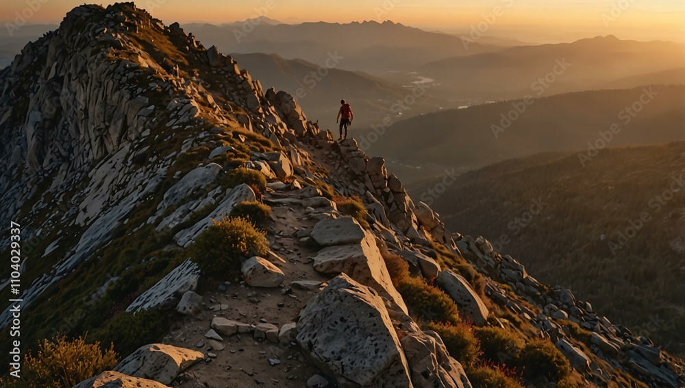 Fototapeta premium A hiker reaching the summit of a mountain as the sun sets.