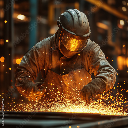 welder at work in factory. steelworker with protective gear photo