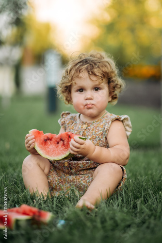 Adorable little girl eating watermelon sitting on the grass in the park