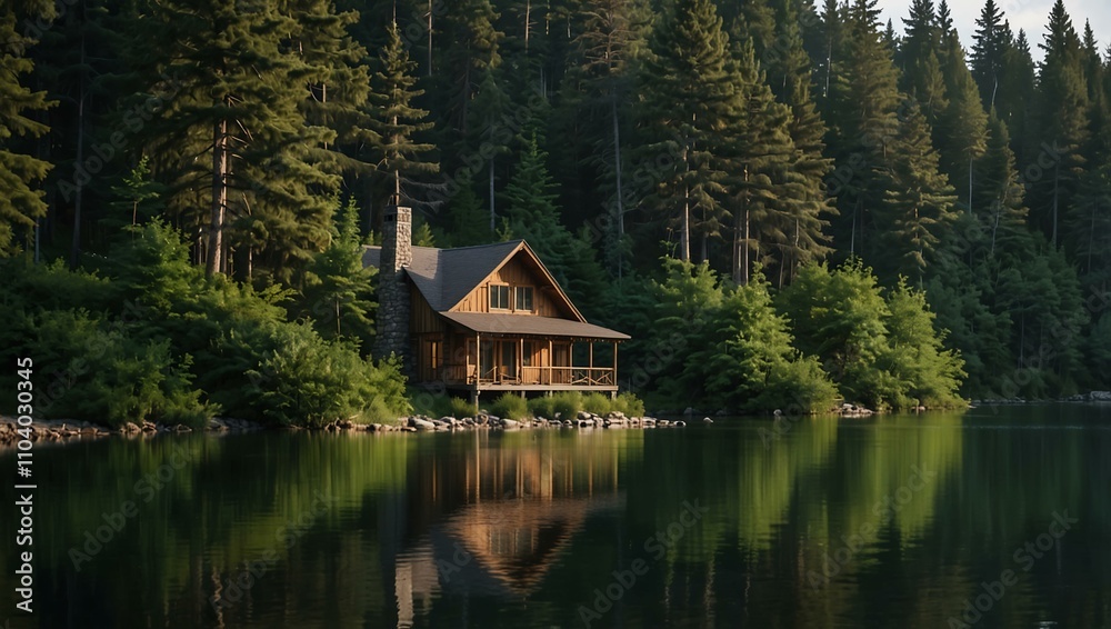 A lakeside cabin with tall trees, capturing nature's serenity. A lakeside cabin with tall trees, capturing nature's serenity.