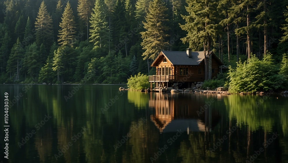 Fototapeta premium A lakeside cabin with tall trees, capturing nature's serenity.