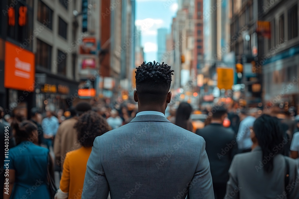 Urban Commuter Walking Among Crowds Street Level View Urban Commuter Walking Among Crowds Street Level View
