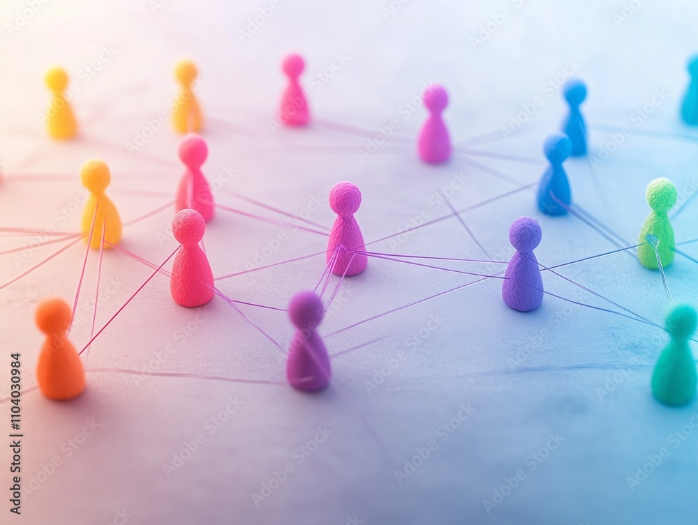 Fototapeta premium Connectivity background abstract multicolored pins social representation teamwork networking connections concept colorful pawns connected dots