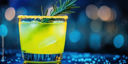 A neon yellow margarita with glowing salt rim and a sprig of sugared rosemary, photo